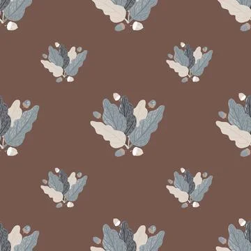 Botanic sketch seamless pattern with blue pastel leaf silhouettes. Brown back 스톡 일러스트