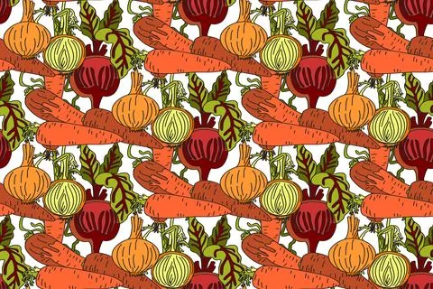 Botanical abstract seamless pattern with cartoon colorful carrots, onions, .. Stock Illustration