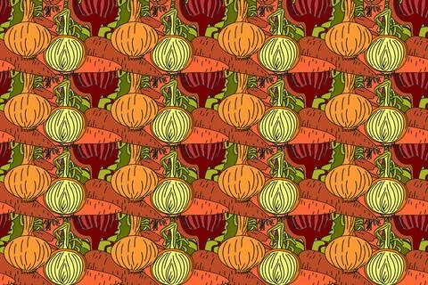 Botanical abstract seamless pattern with cartoon colorful carrots, onions, .. イラスト素材