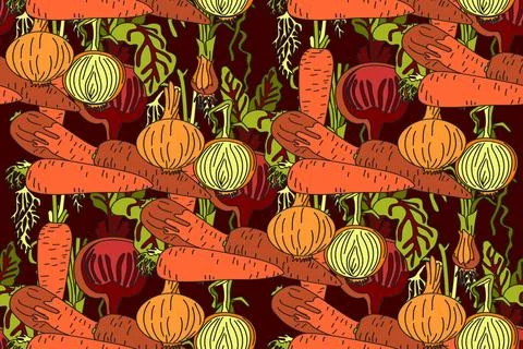 Botanical abstract seamless pattern with cartoon colorful carrots, onions, .. イラスト素材