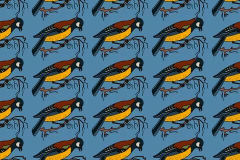 Botanical abstract seamless pattern with garden birds vector illustration. .. Stock Illustration