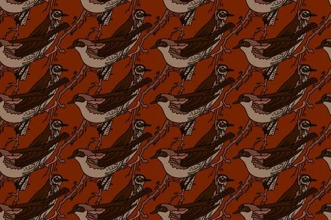 Botanical abstract seamless pattern with garden birds vector illustration. .. Stock Illustration
