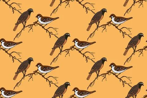 Botanical abstract seamless pattern with garden birds vector illustration.C.. Illustrazione stock