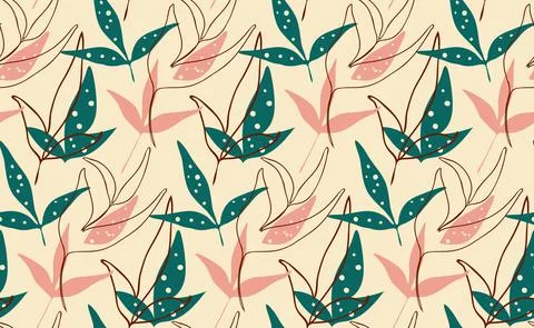 Botanical abstract seamless pattern, hand drawn foliage line art background Stock Illustration