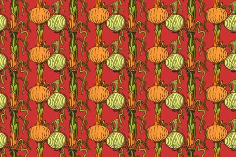 Botanical abstract seamless pattern with juicy onions vector illustration.C.. Stock Illustration