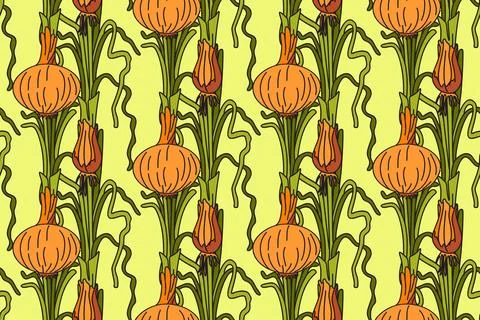 Botanical abstract seamless pattern with juicy onions vector illustration. .. Stock Illustration