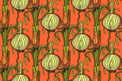 Botanical abstract seamless pattern with juicy onions vector illustration. .. Stock Illustration