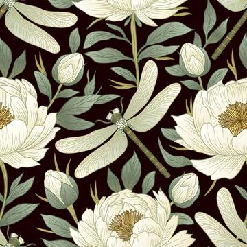 Botanical Blossom Dragonfly Seamless Pattern Vector Stock Illustration