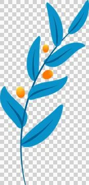 Botanical branch is featuring flat vector blue leaves and orange fruits on Stock Illustration
