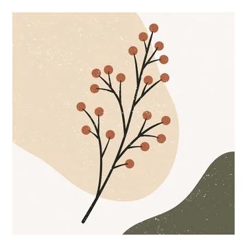 Botanical Branch Wall Art, Vector Illustration. Minimal Berry Branch. Boho .. Stock Illustration
