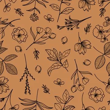 Botanical Brown Floral Seamless Pattern with Mixed Flowers and Leaves .Vect.. Stock Illustration