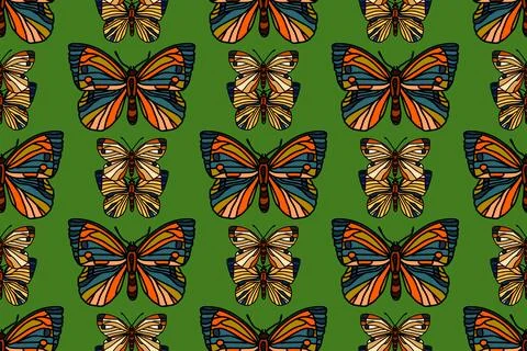 Botanical butterflies seamless pattern vector illustration. Repeating hand .. Stock Illustration