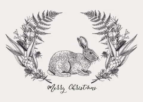 Botanical card with cute rabbit. Illustrazione stock
