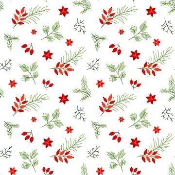 Botanical christmas pattern berry branch warm flat Stock Illustration