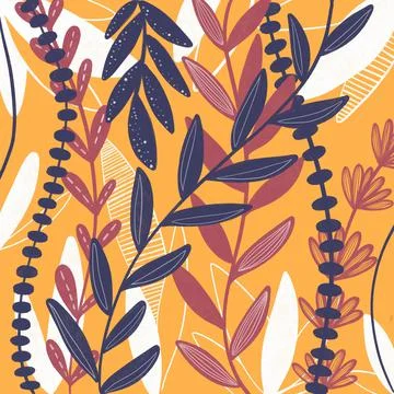 Botanical color pattern wallpaper textile poster. Leaves, flowers illustratio Stock Illustration