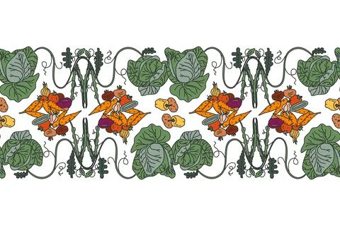 Botanical decorative different vegetables horizontal seamless pattern borde.. Stock Illustration