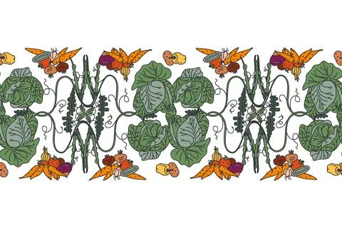 Botanical decorative different vegetables horizontal seamless pattern borde.. Stock Illustration