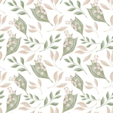 Botanical delicate seamless pattern of lily of the valley flowers and twigs i Stock Illustration