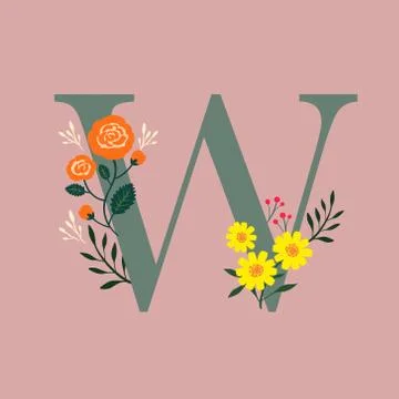 A botanical elements decorated capital W on dusty rose background Stock Illustration
