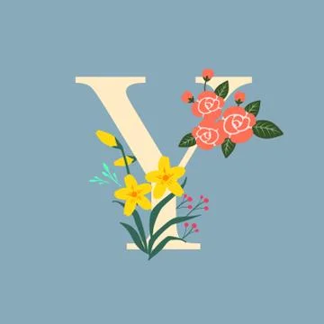A botanical elements decorated capital Y on steel blue background Stock Illustration