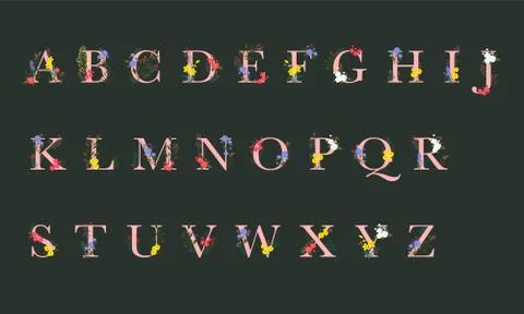 Botanical elements decorated uppercase letters set in all 26 alphabet Stock Illustration