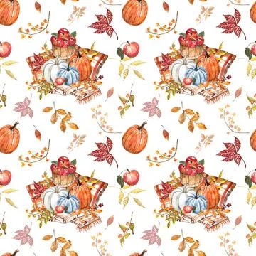Botanical fall print, seamless pattern with watercolor pumpkins, leaves. Stock Illustration