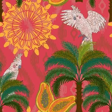 Botanical floral pattern featuring a tropical cockatoo, a palm tree, and a pa イラスト素材