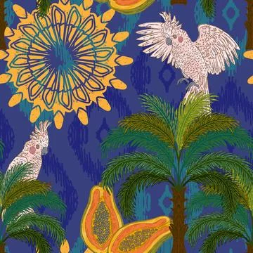 Botanical floral pattern featuring a tropical cockatoo, a palm tree, and a pa イラスト素材
