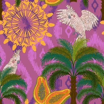 Botanical floral pattern featuring a tropical cockatoo, a palm tree, and a pa Stock Illustration