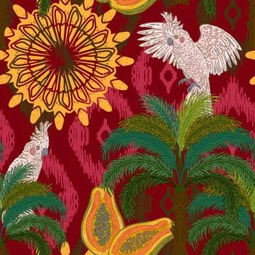 Botanical floral pattern featuring a tropical cockatoo, a palm tree, and a pa Stock-Illustration