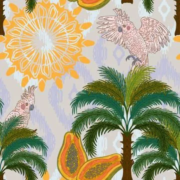 Botanical floral pattern featuring a tropical cockatoo, a palm tree, and a pa Stock Illustration