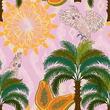 Botanical floral pattern featuring a tropical cockatoo, a palm tree, and a pa 스톡 일러스트