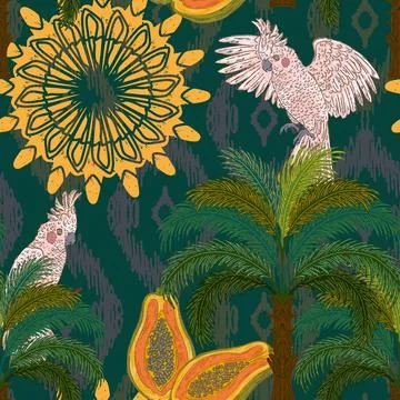 Botanical floral pattern featuring a tropical cockatoo, a palm tree, and a pa Stock Illustration