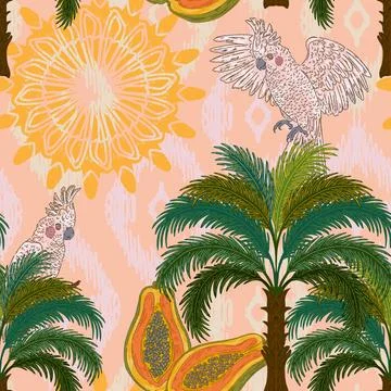Botanical floral pattern featuring a tropical cockatoo, a palm tree, and a pa Stock Illustration