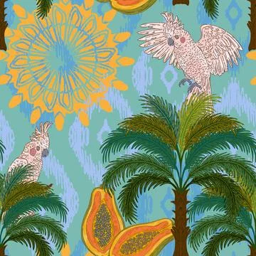 Botanical floral pattern featuring a tropical cockatoo, a palm tree, and a pa Illustrazione stock