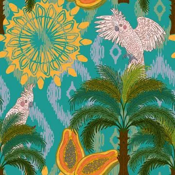 Botanical floral pattern featuring a tropical cockatoo, a palm tree, and a pa Stock Illustration