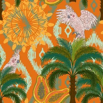 Botanical floral pattern featuring a tropical cockatoo, a palm tree, and a pa イラスト素材