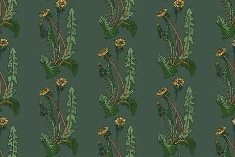 Botanical floral seamless pattern with dandelion and celandine flowers vect.. Stock Illustration