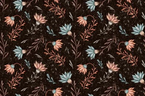 Botanical floral seamless pattern on dark background Stock Illustration