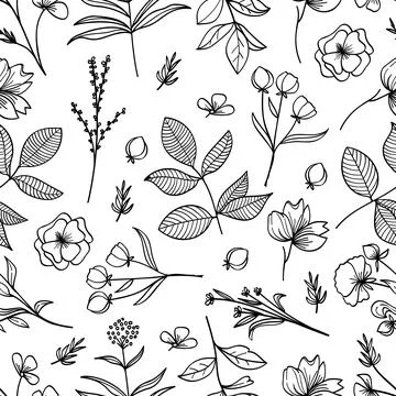 Botanical floral seamless pattern with mixed flowers and leaves.Vector illu.. Stock Illustration
