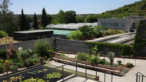 Botanical garden with rooftop solar panels and sustainable green architecture Видео 344789536