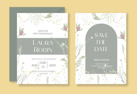 Botanical greenery wedding invitation template set with watercolor meadow her Stock Illustration
