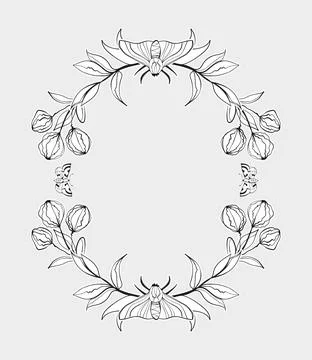 Botanical Moth Wreath Frame Line Art 스톡 일러스트