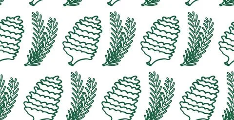 Botanical, organic pattern seamless with pine cones and branches. Green, colo Stock Illustration