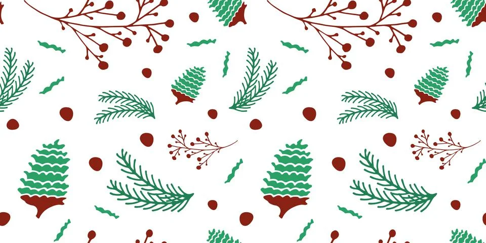 Botanical, organic pattern seamless with pine cones and branches. Green, colo Stock Illustration