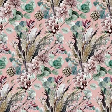 Botanical pattern in boho style with orchid flowers and herbs on a pink Illustrazione stock