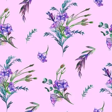 Botanical pattern with eustoma flowers drawn with a simple pencil on a pink Stock Illustration
