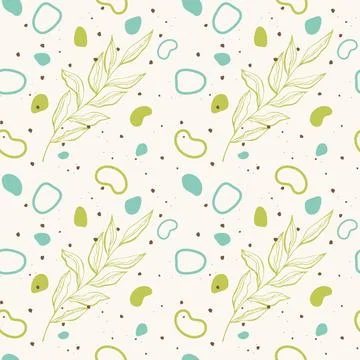 Botanical pattern with hand-drawn shapes and doodle twig, leaves. 스톡 일러스트