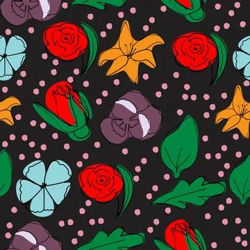 Botanical pattern with outline drawing of flowers Stock Illustration