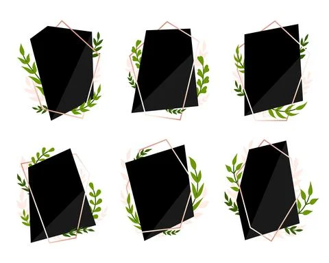 Botanical polygonal frame leafy black flat set Stock-Illustration